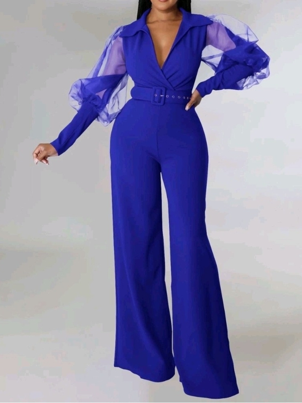 Structured V-Neck Wide-Leg Jumpsuit with Sheer Puff Sleeves - Royal Blue